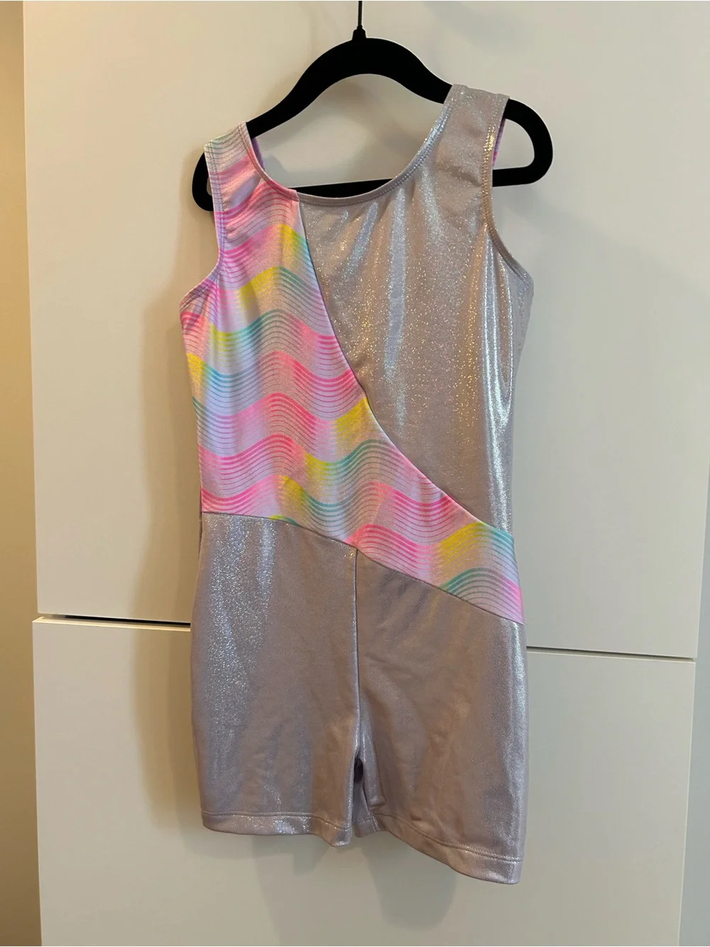 Capezio Wave Silver Sparkle Leotard with Pastel Rainbow Accents - Child’s Large